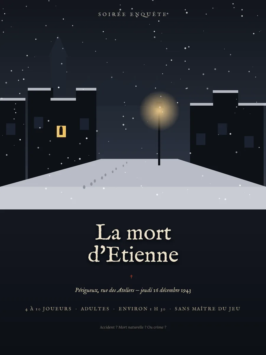 Couverture de La mort d'Etienne : une rue enneigée de Périgueux la nuit, un réverbère allumé et des traces de pas, décembre 1943