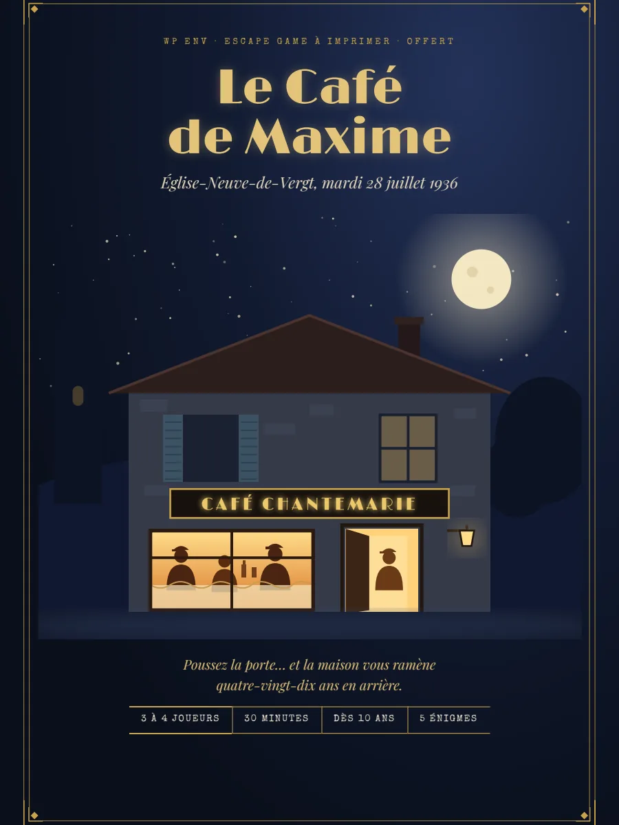 Couverture du Café de Maxime : une maison de village sous la pleine lune, l'enseigne « Café Chantemarie » éclairée et des silhouettes attablées derrière la vitrine